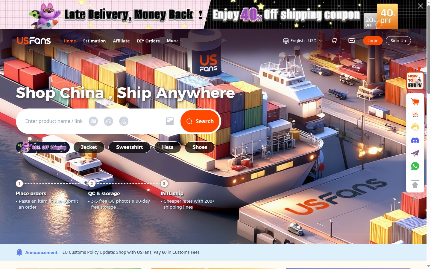 Official USFans homepage: orange wordmark, paste bar and three steps Place Orders, Submit Parcels, Sign Delivery